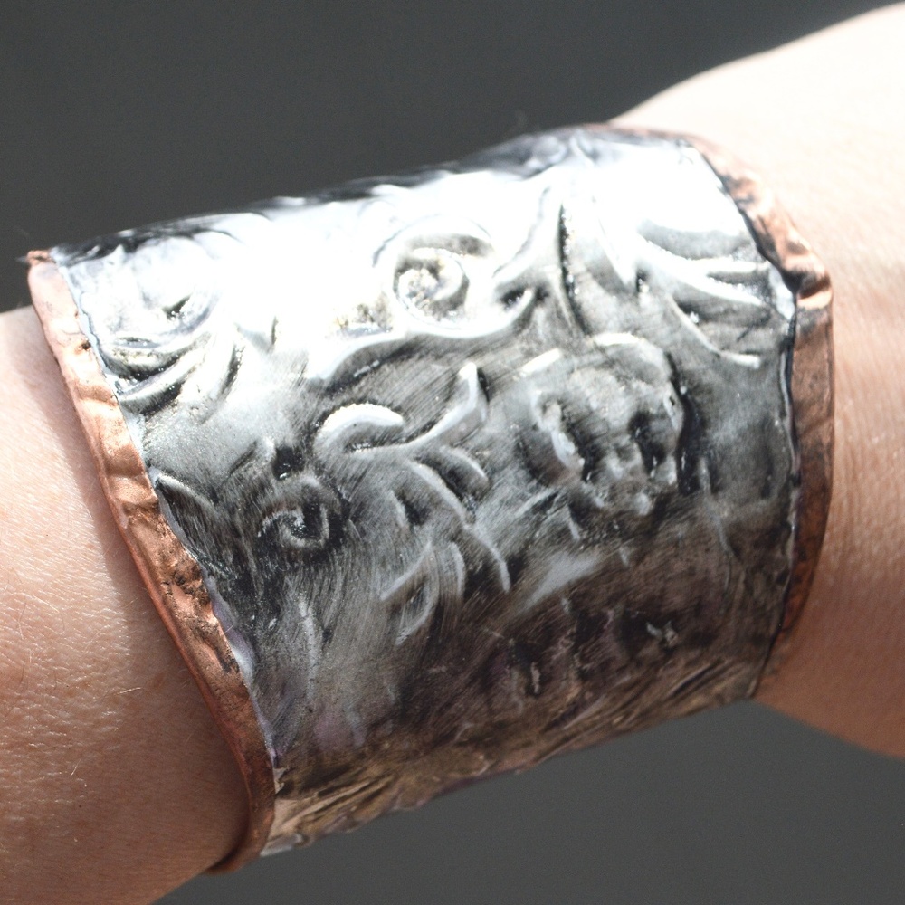 Rose Floral Silver Copper Embossed Gladiator Cuff Wide Handmade Victorian Armor - Picture 5 of 12